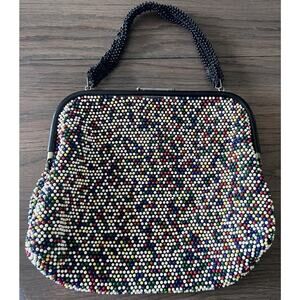Lumured Black/Candy Dot Reversible Corde Bead Frame Purse Vintage 50s 60s